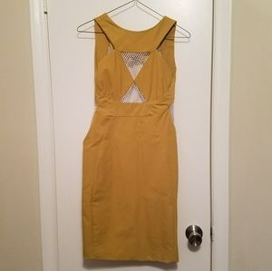 Mustard cut out mesh cocktail party dress